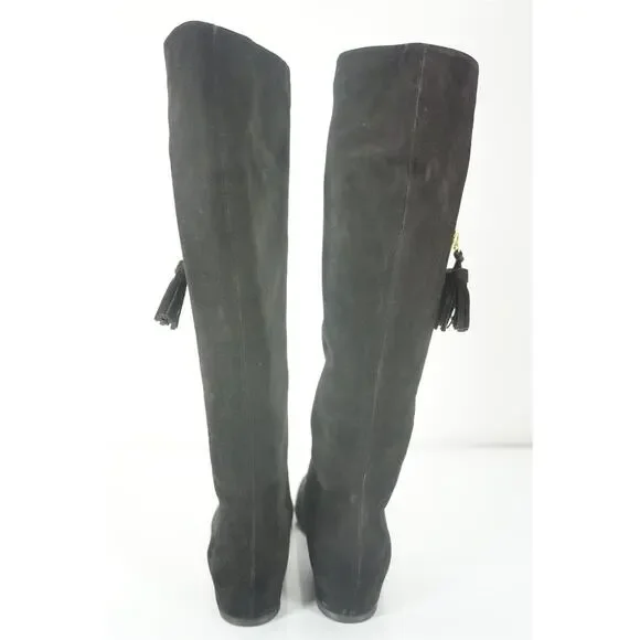 Stuart Weitzman Tass black suede wedge Tall boots size 6.5 New $635 gold zip